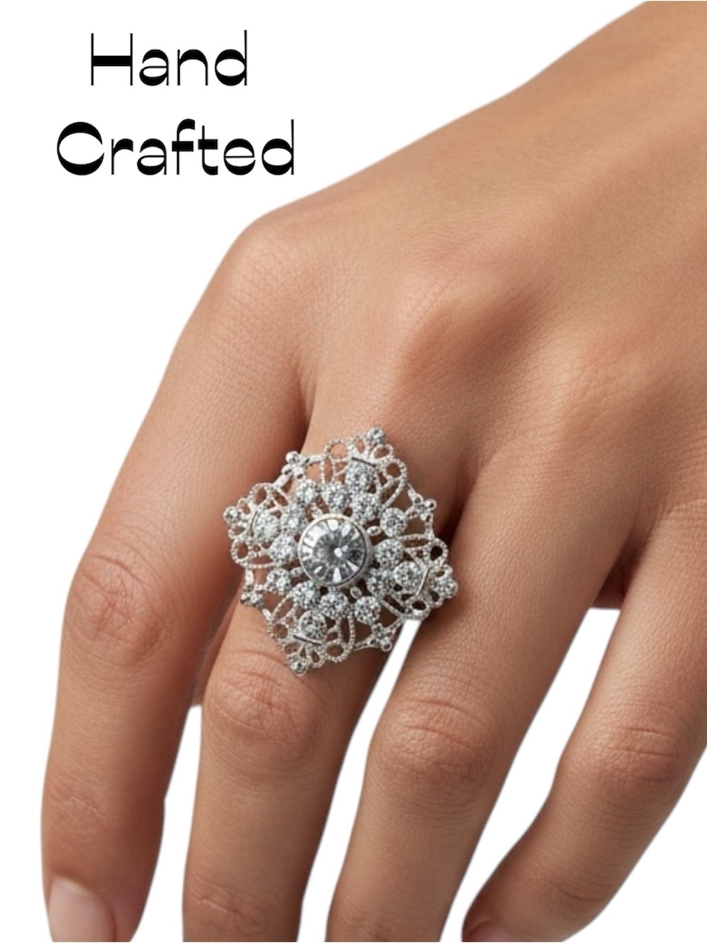 Hand Crafted White Gold Silver Rhinestone Button Ring NWT